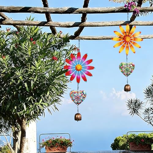 Metal Flowers Hanging Decor, Flower Wind Chime Bell Hanging Decor for Outdoor Garden Yard Doors Walls Living Rooms Bedrooms, 2 Pack (Flower-a-Heart) - style: flower-a-heart