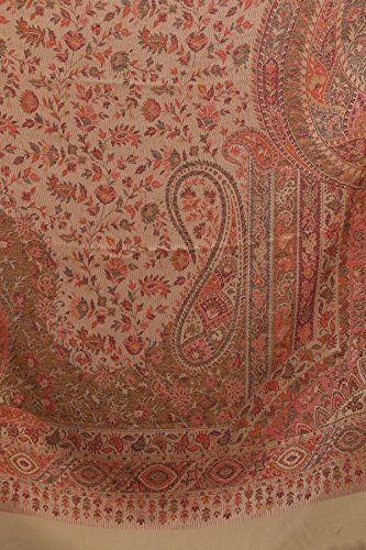 Exotic India Reversible Jamawar Shawl with Woven Paisleys - Wool - color: Light Taupe