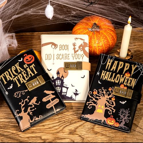 CAGIE Journal with Lock for Women Men, A5 Locked Journal with Pumpkin Pen Set, Halloween Notebook with Combination Lock 192 Pages Diary with Lock, 5.7x 8.3 Inches, White