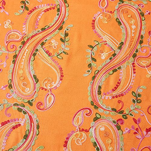 Embroidered Brushed Shawl Paisley Leaves Pattern Scarf Soft Ponchos Wrap Cape With Fringes - color: 09-orange