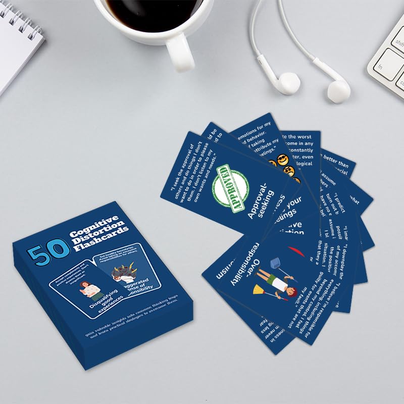 Cognitive Distortion Flashcards, 50 Cards for Mental Health and Thought Pattern Recognition, Blue