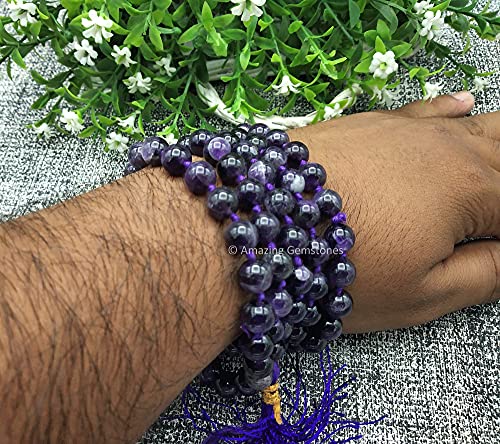 Amazing Gemstone Japa Mala 108 Prayer Beads Necklace and Wrist Mala Bracelet for Meditation - color: Amethyst, size: Hand Knotted