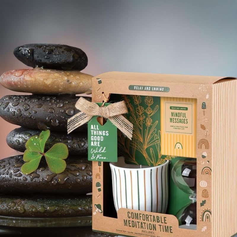 Wellness Gifts Sets for Self-Care|Wellness Meditation Set Mindfulness Card|Eco-Friendly Scented Candle in Ceramic Jar|Hourglass