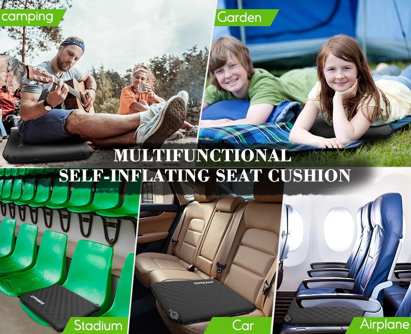 Inflatable Seat Cushion, Self-Inflating Memory Foam Stadium Seats Cushion Portable Camping Air-Foam Sitting Pad for Travel Airplane Car Bleachers Backpacking Office, Lightweight & Compact - color: Black