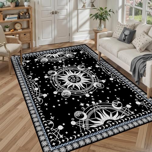 5' X 7' Sun and Moon Rug Boho Celestial Area Rugs for Bedroom Dorm Living Room Bohemian Occult Crescent Solar Stars Galaxy Floor Mat Pad Doormat Carpet,150 X 210cm,Black
