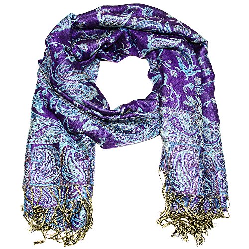 Falari Women's Reversible Paisley Pashmina Shawl Wrap Scarf For Evening Dresses Festivals Any Occasions All Seasons 80"x27" - color: Style 1 - Dark Purple & Turquoise
