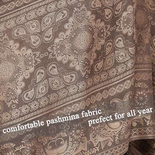 Pashmina Shawl Wrap with Ethnic Paisley Two Tone Jacquard Scarf for Women - color: Black Beige