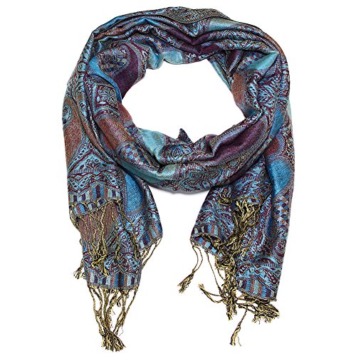 Falari Women's Reversible Paisley Pashmina Shawl Wrap Scarf For Evening Dresses Festivals Any Occasions All Seasons 80"x27" - color: Style 2 - Blue Plum