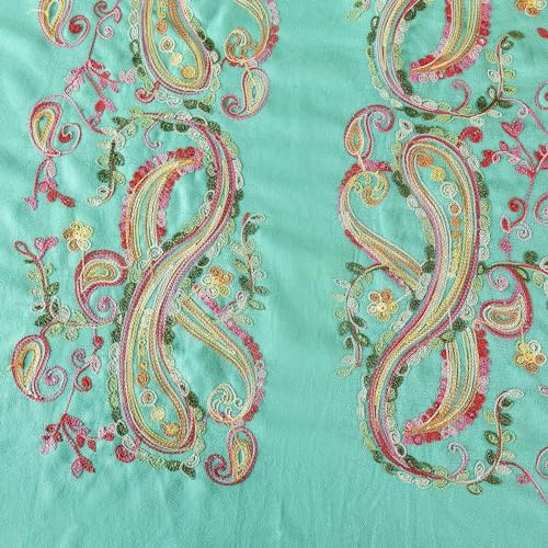 Embroidered Brushed Shawl Paisley Leaves Pattern Scarf Soft Ponchos Wrap Cape With Fringes - color: 08-aqua