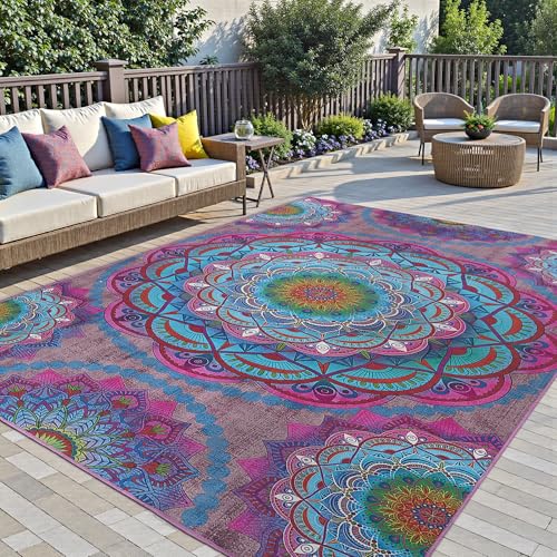 Meditation Indoor Outdoor Rug 4x6 ft Mandala Pattern Rug Boho Style,Yoga Meditation Mat Picnic Rug for Patio Living Room Porch Garden Deck Backyard Easy to Clean Non Shedding Non-Slip