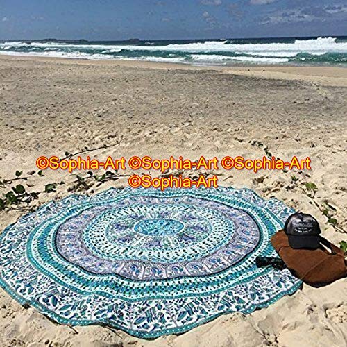 Sophia-Art Green Yoga Mat Beach Picnic Mat Multi-Purpose Cotton Mandala Throw Round Yoga Round Cotton Bohemian Blanket Tablecloth Gypsy Circle Meditation Spread Towel Round (Pattern009, 72 Inches) - size: 72" (Round)