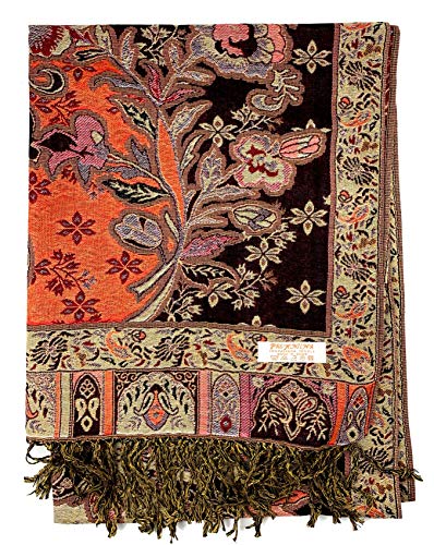 Plum Feathers Tapestry Ethnic Paisley Pattern Pashmina Shawl Scarf, Womens Pashmina Shawl Wrap with Fringes - color: Black Orange Tropical Paisley