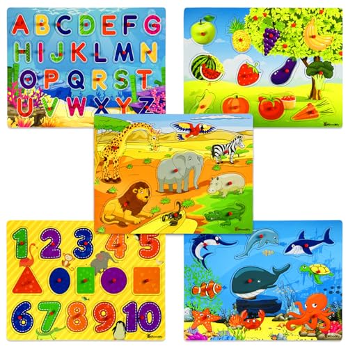 5 Pack Wooden Peg Puzzles for Toddlers 1-3 - Toddler Puzzles with Alphabet Numbers & Animals ā Baby Wood Puzzle Gift - Puzzles for Toddlers 2-4 - Puzzles for Kids Ages 3-5 Learning Toys Boys and Girls