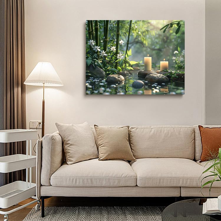 Generic Zen canvas wall art Stacked pebbles and green bamboo candle painting meditation spiritual poster Relaxing spa Room decorated with modern bathroom office decor 11x14in Unframed
