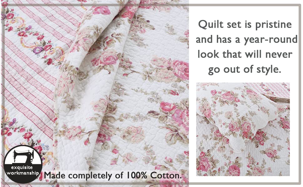 Cozy Line Home Fashions Romantic Pink Peony Floral 100% Cotton Reversible Quilt Bedding Set, Coverlet, Bedspread (Pink Peony, King - 3 Piece) - color: Pink Peony, size: King