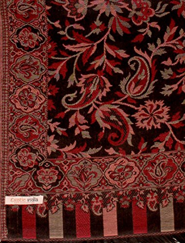 Exotic India Women Reversible Jamawar Wool Shawl with Woven Flowers | Ethnic Beautiful Floral Weave Stole, Dupatta - color: Caviar Black