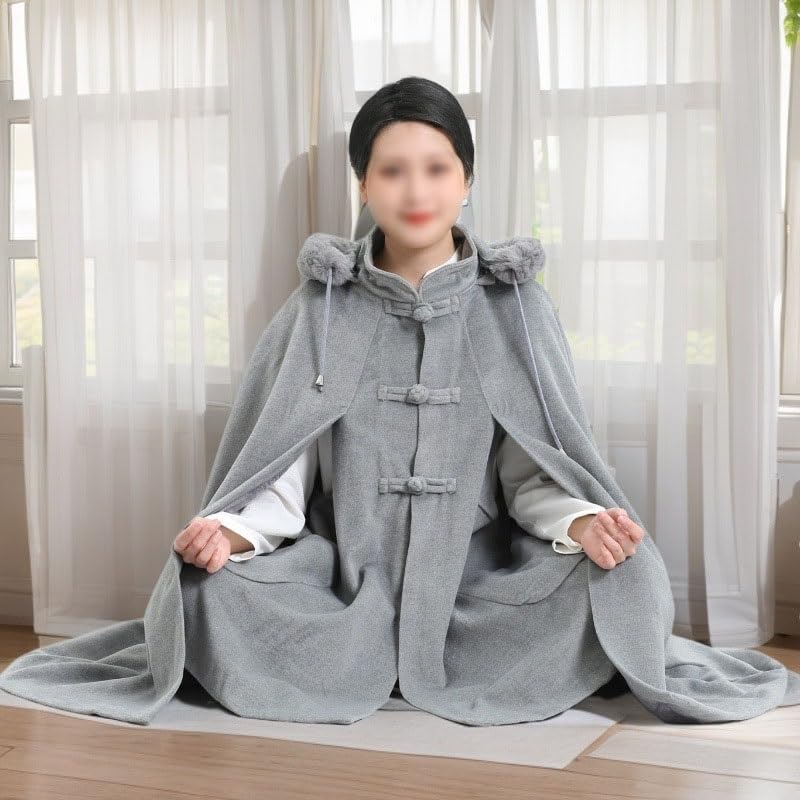 Unisex Meditation Hooded Faux Fur Collar Cloak Thickened Double Layer Plush Cape Poncho, Length 90cm