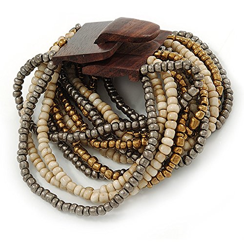 Avalaya Grey/Bronze/Antique White Glass Bead Multistrand Flex Bracelet With Wooden Closure - 19cm L