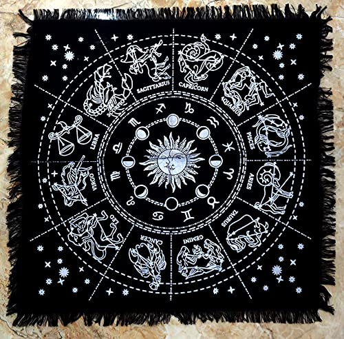 INDACORIFY Zodiac Constellation Altar Table Top Cloth with Fringes Alter Tarot Witchery Product Spread Spiritual Sacred Cloth 18x18 in (Silver Zodiac Constellation) - color: Silver Zodiac Constellation