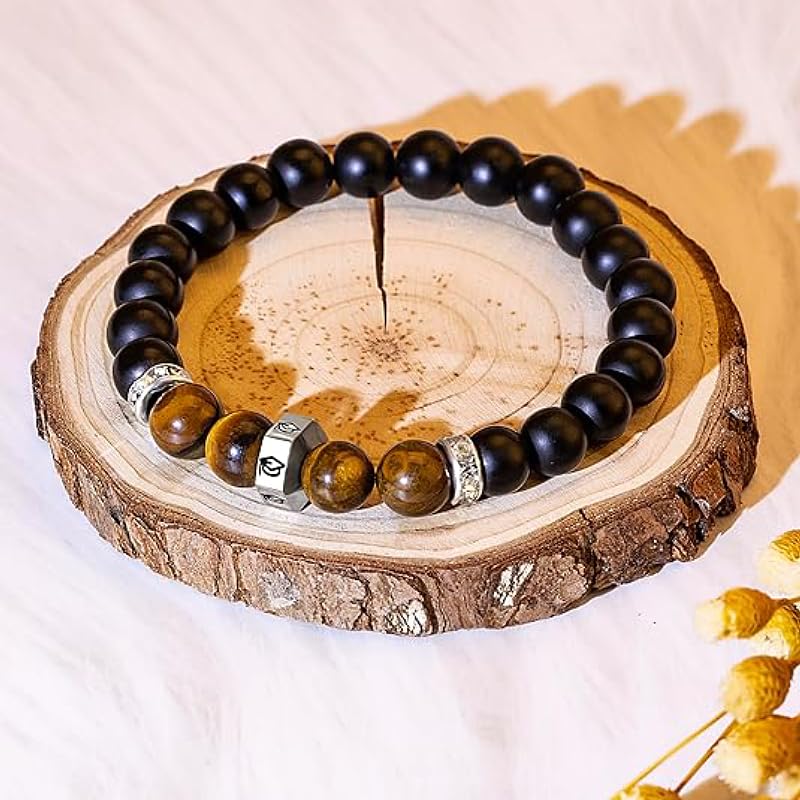 Healing Beads Bracelets for Women Men, Adjustable Natural Stone Beaded Bracelet Stackable Chain Stretch Jewelry Gifts - color: Black-1