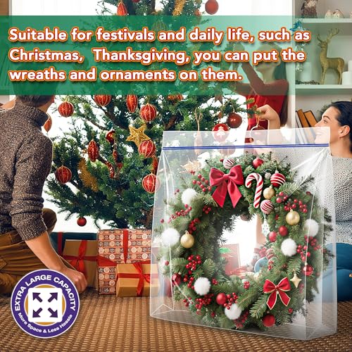 Extra Large Clear Wreath Storage Plastic Bag with Handle For Halloween Summer Christmas Decoration or Clothing Blanket Comforters Bed Sheets Pillows, 4 Pack, 34"x34"x7"