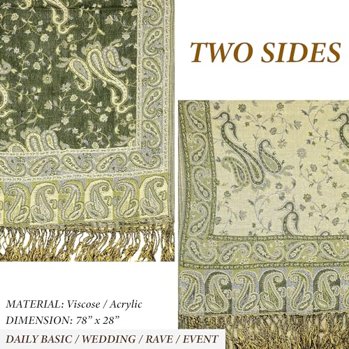 Achillea Reversible Paisley Pashmina Rave Scarf – Exotic Indian Shawls and Wraps for Evening Dresses, Festivals, All Seasons - color: Dark Olive