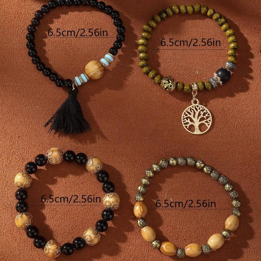 Bohemian Layered Wood Bead Bracelet Set, Elastic Stackable Bracelets with Tree of Life Charm & Tassel - color: Black