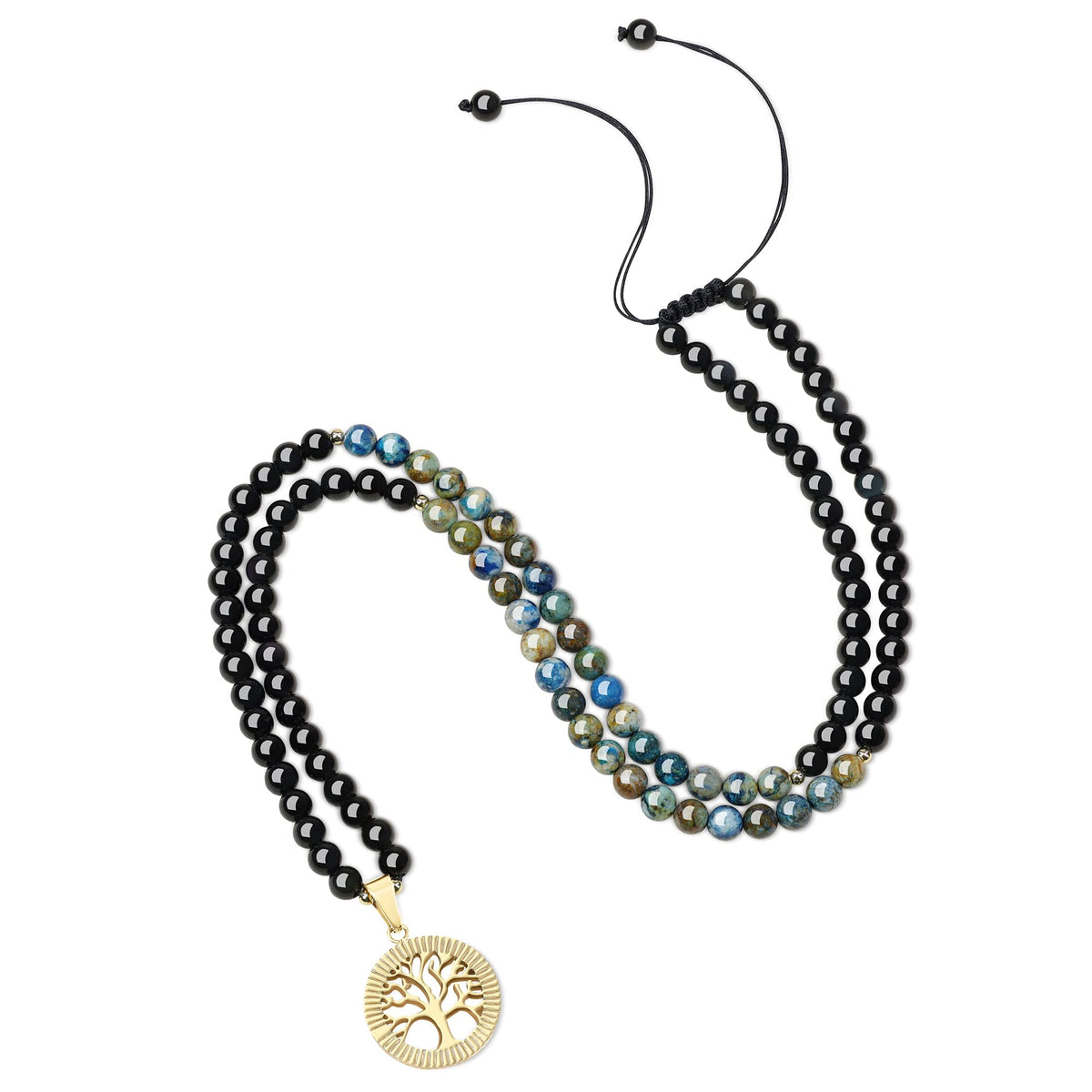 COAI Tree of Life Necklace 108 Mala Beads, Women's Men's Beaded Necklace, Japa Mala for Yoga Meditation 6mm - style: Obsidian & Azurite