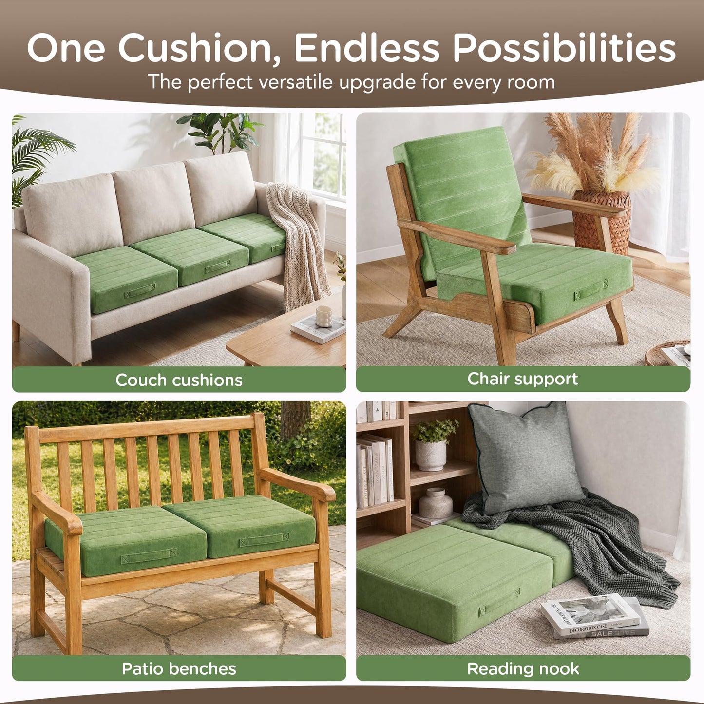 Codi Thick Replacement Couch Cushions, Upholstery Foam with Washable Covers for Sofa Cushion Chair Meditation - 24 × 24 × 5 Inch, High Density Foam, Green - color: Green, size: 24 Inch (Pack of 1)