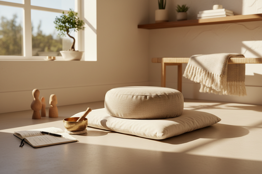 A serene home meditation corner featuring a beige zafu cushion, zabuton mat, wooden decor, gratitude journal, singing bowl, and warm natural sunlight. Minimal zen-inspired interior with soft neutral tones.