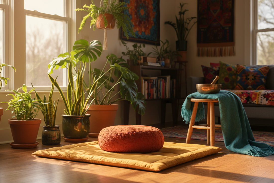 A vibrant meditation corner with a terracotta zafu cushion, mustard yellow mat, teal blanket, wooden stool, ceramic singing bowl, and warm sunlight in a colorful home setting.