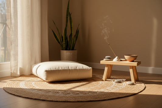 A warm meditation corner featuring a cotton cushion, woven mat, wooden stool, stone decor, ceramic accessories, and soft natural sunlight.