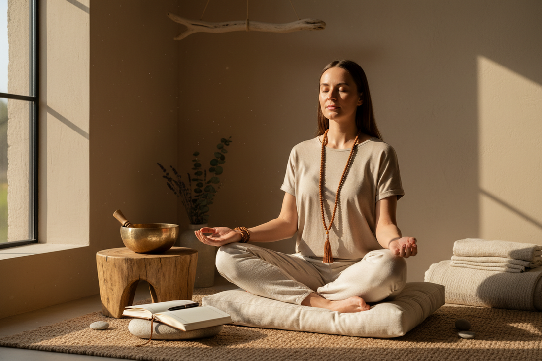 A woman sitting in a calm meditation corner wearing a natural mala bracelet, with a mala necklace, singing bowl, gratitude journal, and soft sunlight nearby.