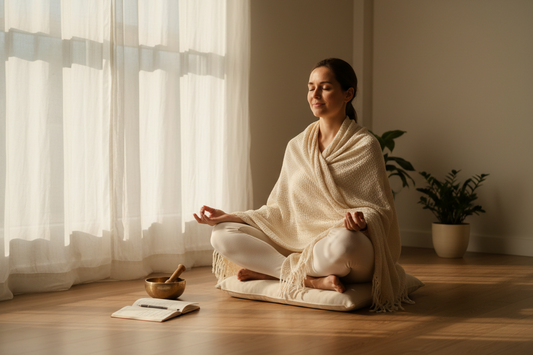 A woman sitting peacefully on a beige meditation cushion near a sunlit window, wrapped in a soft cotton shawl, with a gratitude journal, singing bowl, and warm natural light nearby.