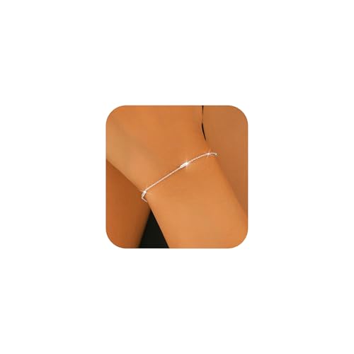 14K Gold Plated Bracelet for Women Small Cylinders Charm Bracelets 925 Sterling Silver Gold Bar Thin Chain Bracelets Trendy Minimalist Jewelry for Women Gift for Her - color: Silvery
