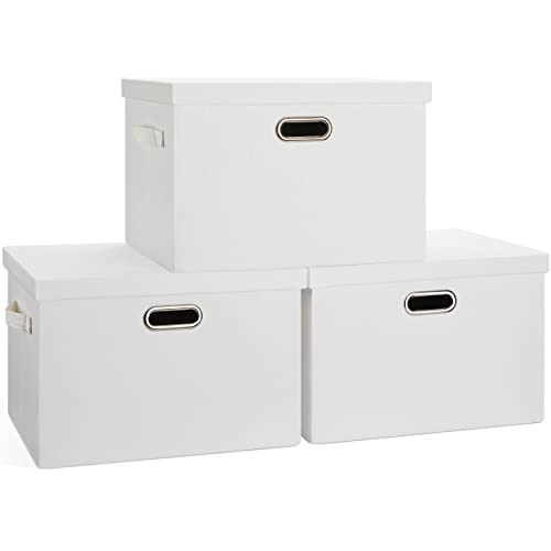 Graciadeco Large 17" 36 Quart Collapsible Stackable Storage Bins with Lids, 3 Packs White Linen Fabric Closet Boxes with Lids, Storage Cube Baskets Container Organizers for Bedroom Office(17 x12 x11) - color: White, size: Large -3 Pack