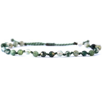 Natural Faceted Gemstone Bead Bracelet, Adjustable Waterproof Wax Cord, Hand-Knotted Design - color: Moss Agate