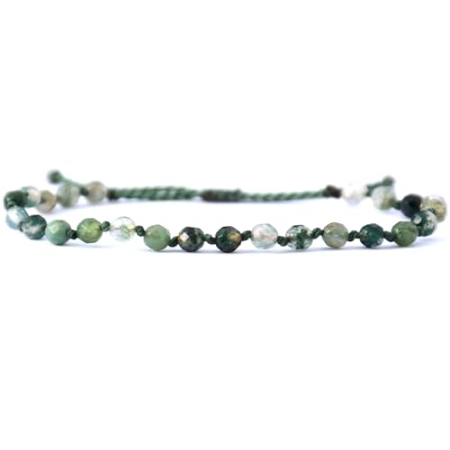 Natural Faceted Gemstone Bead Bracelet, Adjustable Waterproof Wax Cord, Hand-Knotted Design - color: Moss Agate