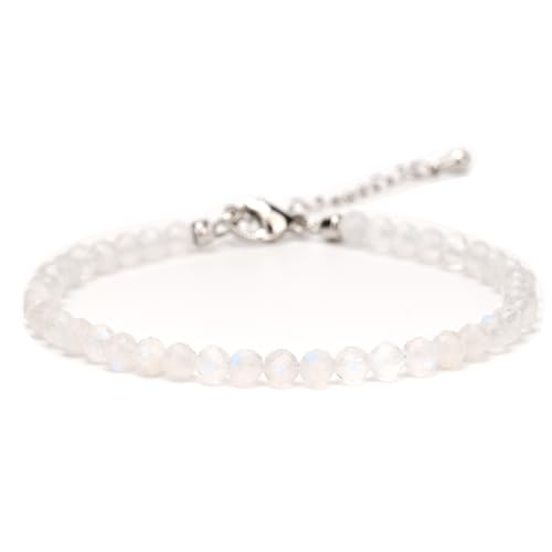 Crystal Bracelet for Women, Natural 4mm Faceted Beads Adjustable Bracelet, Small Beaded Healing Gemstone Bracelet - color: Blue Moonstone