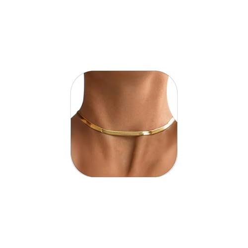 FOCALOOK 14K Gold Plated Necklaces for Women, Fashion Herringbone Choker Necklace Stainless Steel Flat Snake Chain 3/5MM(W) 12.5"/15"/18"+3.5"(L) - color: 5MM-14K Gold-12.5"