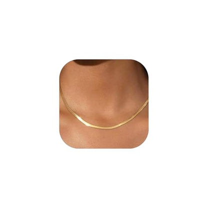 FOCALOOK 14K Gold Plated Necklaces for Women, Fashion Herringbone Choker Necklace Stainless Steel Flat Snake Chain 3/5MM(W) 12.5"/15"/18"+3.5"(L) - color: 3MM-14K Gold-15"