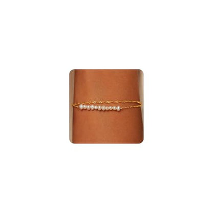 SLOONG Gold Pearl Bracelets for Women Trendy, 14K Gold Plated Dainty Stackable Layered Chain Bridesmaid Bracelets, Waterproof Wedding Jewelry for Women Adjustable 6"+2" - color: Style2(Pearl)
