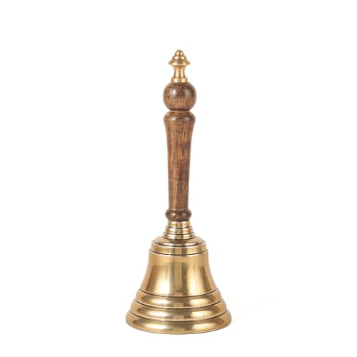 Hand Bell with Antique Brass Finish and Wooden Handle – Perfect for Weddings, Schools, Games, Reception Desks, Religious Ceremonies & Events – 3” Diameter, 8” Height