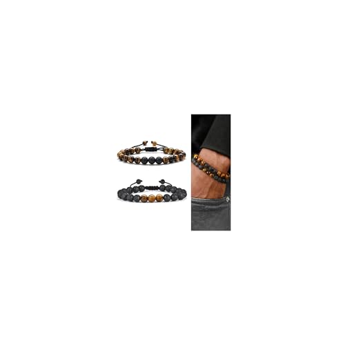 M MOOHAM Fathers Day Gift Mens Bracelet - Beaded Natural Stone 8mm Tiger Eye Matte Agate Lava Rock Bracelets for Men Teen Boys Grandpa Dad Birthday Gifts Jewelry - style: " Tiger eye&Lava Rock Bracelets