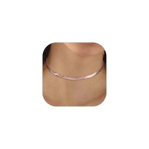 FOCALOOK 14K Gold Plated Necklaces for Women, Fashion Herringbone Choker Necklace Stainless Steel Flat Snake Chain 3/5MM(W) 12.5"/15"/18"+3.5"(L) - color: 5MM-Rose Gold-12.5"