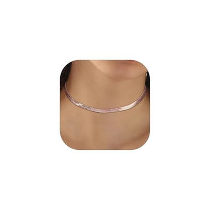 FOCALOOK 14K Gold Plated Necklaces for Women, Fashion Herringbone Choker Necklace Stainless Steel Flat Snake Chain 3/5MM(W) 12.5"/15"/18"+3.5"(L) - color: 5MM-Rose Gold-12.5"