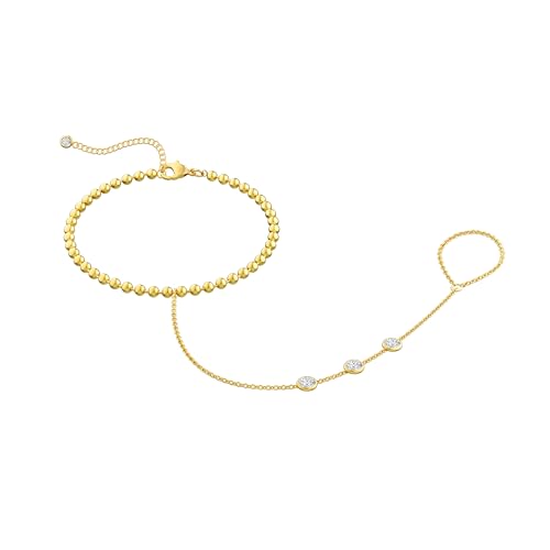 Gold Bracelets for Women, 14K Gold Plated Hand Chain Bracelet for Women Trendy Finger Ring Bracelet Hand Chain Dainty Adjustable Hand Chain Jewelry Gifts for Women - color: Cubic Zirconia