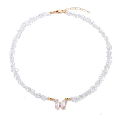 Bohemian Crystal Butterfly Necklaces Stress Relief Anxiety Yoga Pendant,Healing Natural Stone Mantra Choker for Women Teen Girls Friendship Birthday Mothers Day Gift Summer Beach Jewelry - color: Clear Quartz