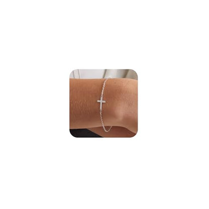 Tewiky Waterproof Gold Bracelets for Women Non Tarnish - Dainty Stack 14K Gold Plated/Sterling Silver Chain Bracelets Set Adjustable Trendy Jewelry for Women - style: silver CZ cross bracelet