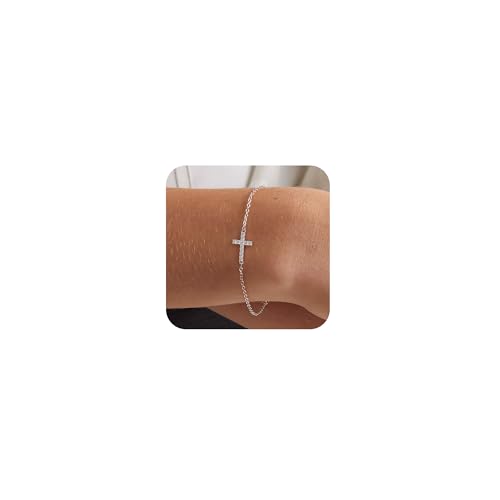Tewiky Waterproof Gold Bracelets for Women Non Tarnish - Dainty Stack 14K Gold Plated/Sterling Silver Chain Bracelets Set Adjustable Trendy Jewelry for Women - style: silver CZ cross bracelet